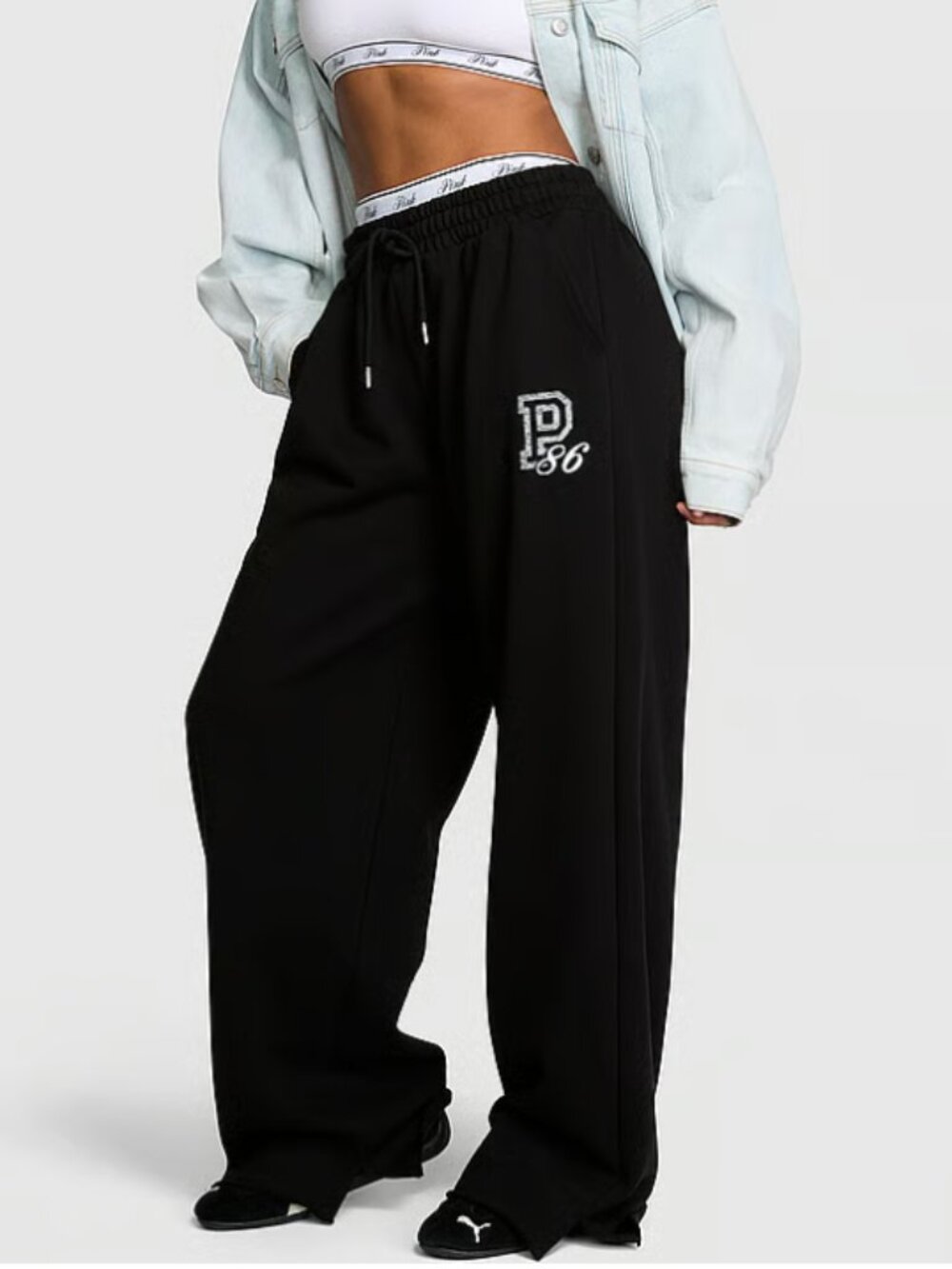 PINK Victoria's Secret Ivy Fleece Slate Wide Leg Sweatpants - Black - NWT